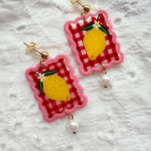Red Gingham Fun Lemon Pearl Drop Earrings