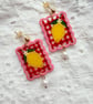 Red Gingham Fun Lemon Pearl Drop Earrings