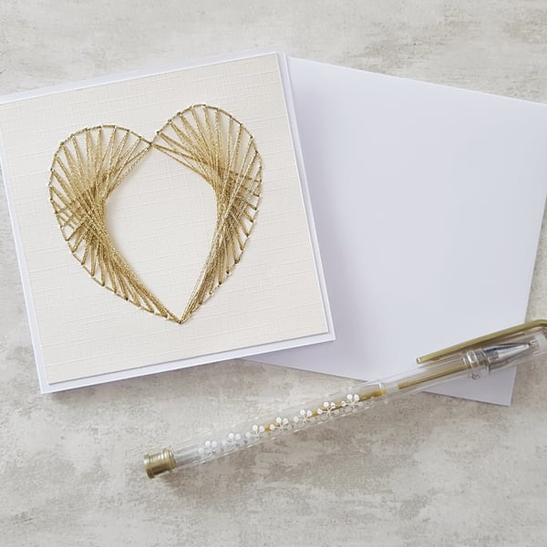Heart Hand Stitched Gold Card, Wedding Card, Anniversary Card, Valentines Card