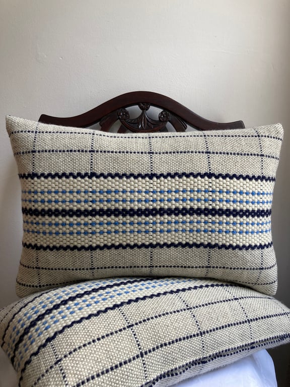 Alta cushion - Navy & Forget-Me-Not Blue. Handwoven in Wales