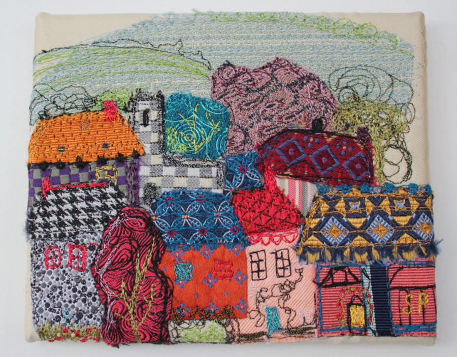 Textile Art Picture Town Roof Tops