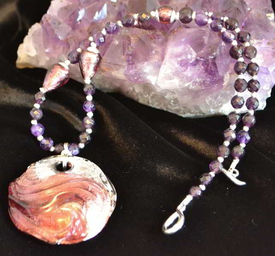 Amethyst & Murano Glass Swirl Necklace
