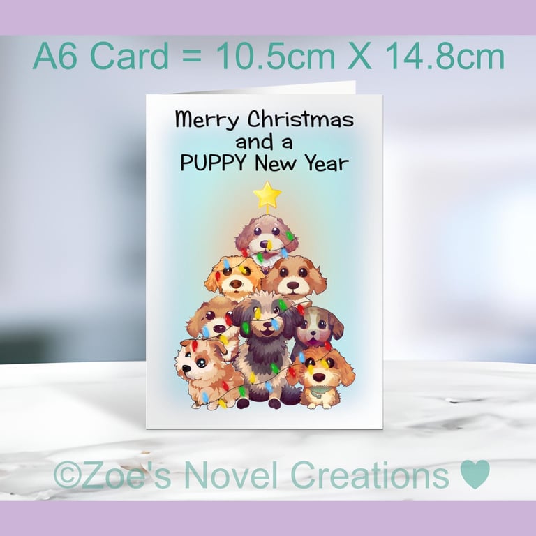Puppies Christmas Tree Card - A6 size 10.5cm X 14.8cm
