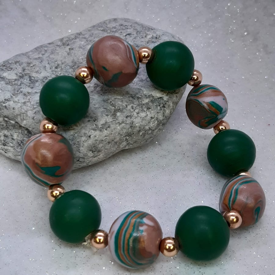 Polymer clay bracelet in green and biscotti brown