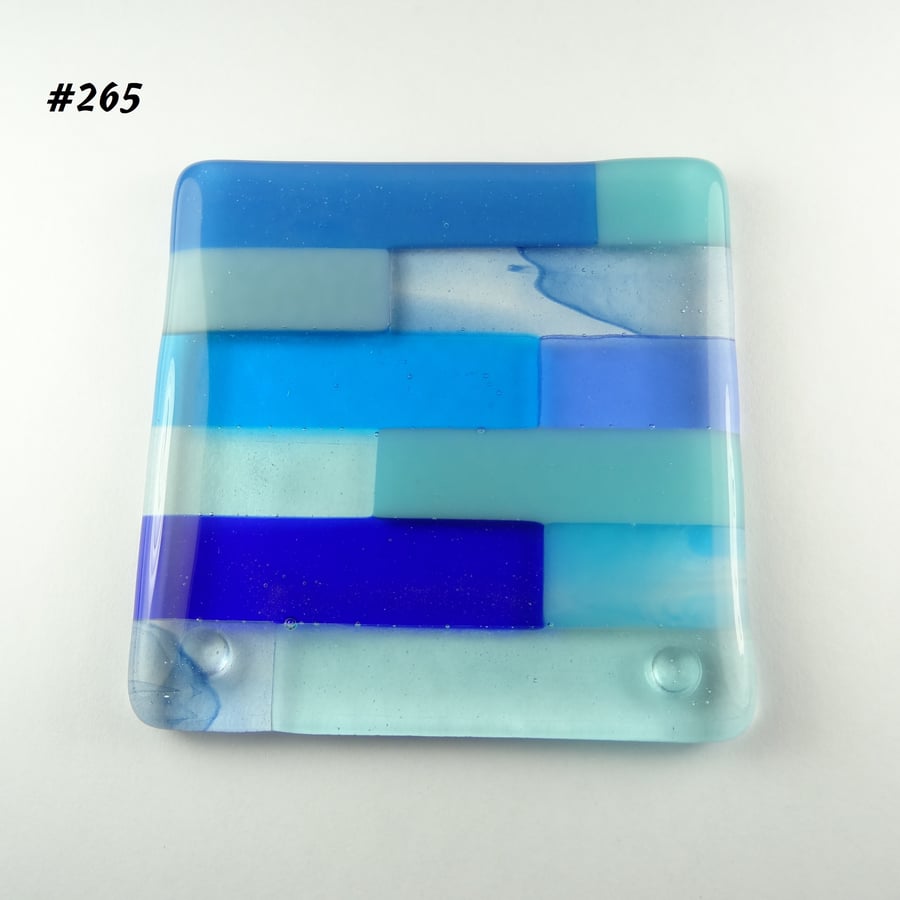 Blue block striped fused glass coaster, 9cm, handcrafted (265)