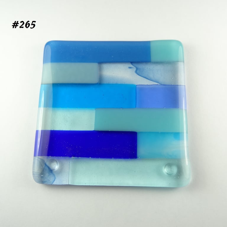 Blue block striped fused glass coaster, 9cm, handcrafted (265)