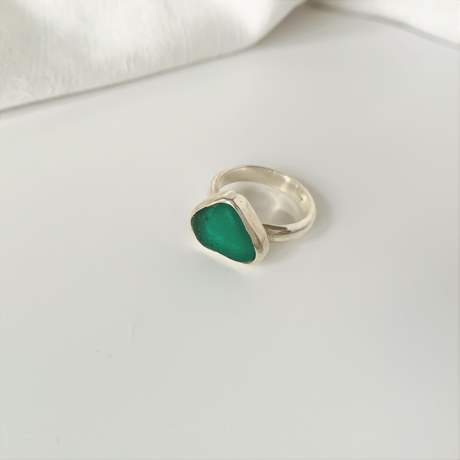 Green Sea Glass Eco Sterling Silver Ring