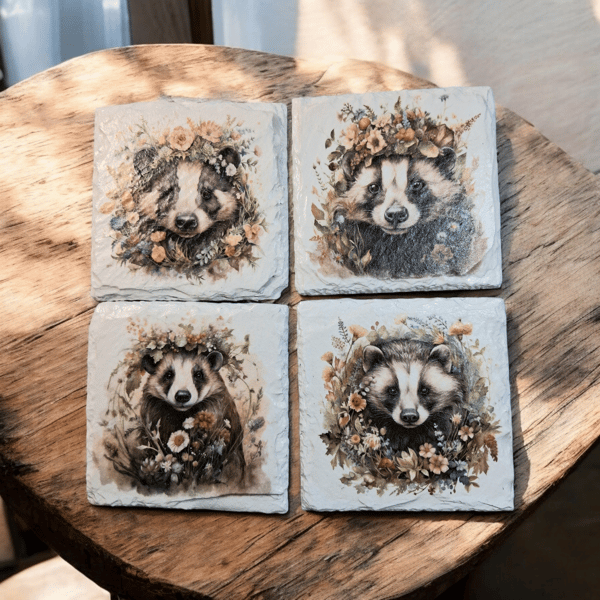 Badger Decoupaged Slate Coaster Set of 4 Pieces