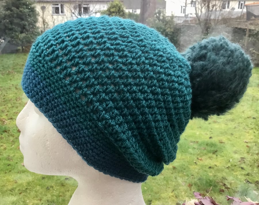 Deep Green and Alpine Green Crocheted Beanie or Slouchy Hat with Pom Pom!
