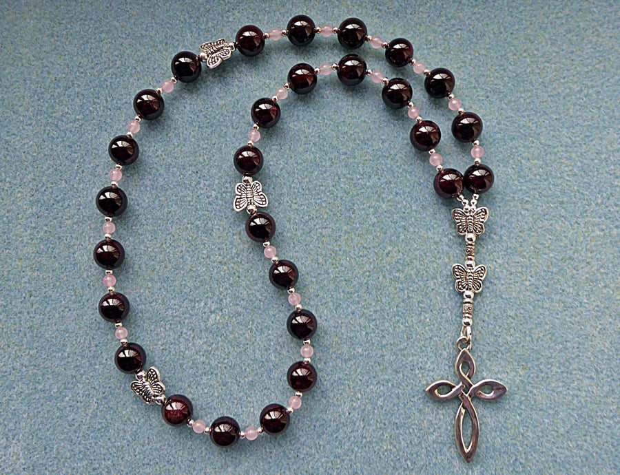 Anglican Prayer Beads, Ornate Sterling Silver Cross with Garnet and Rose Quartz