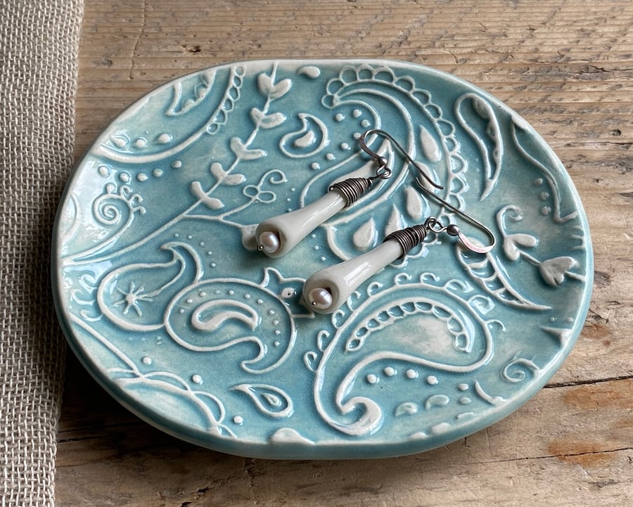Handmade Pottery Blue Paisley Soap Dish, Trinket tray