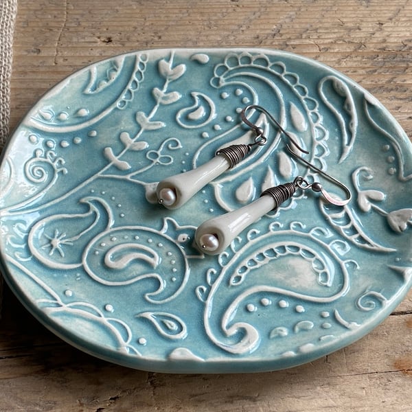Handmade Pottery Blue Paisley Soap Dish, Trinket tray