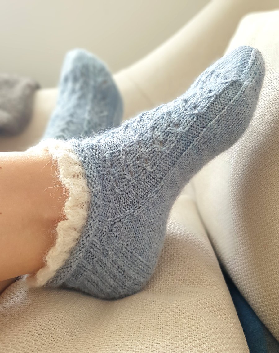 Hand knitted socks, Alpaca lace socks, Luxury bed socks, Socks with ruffles 