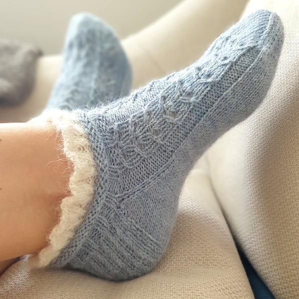 Hand knitted socks, Alpaca lace socks, Luxury bed socks, Socks with ruffles 