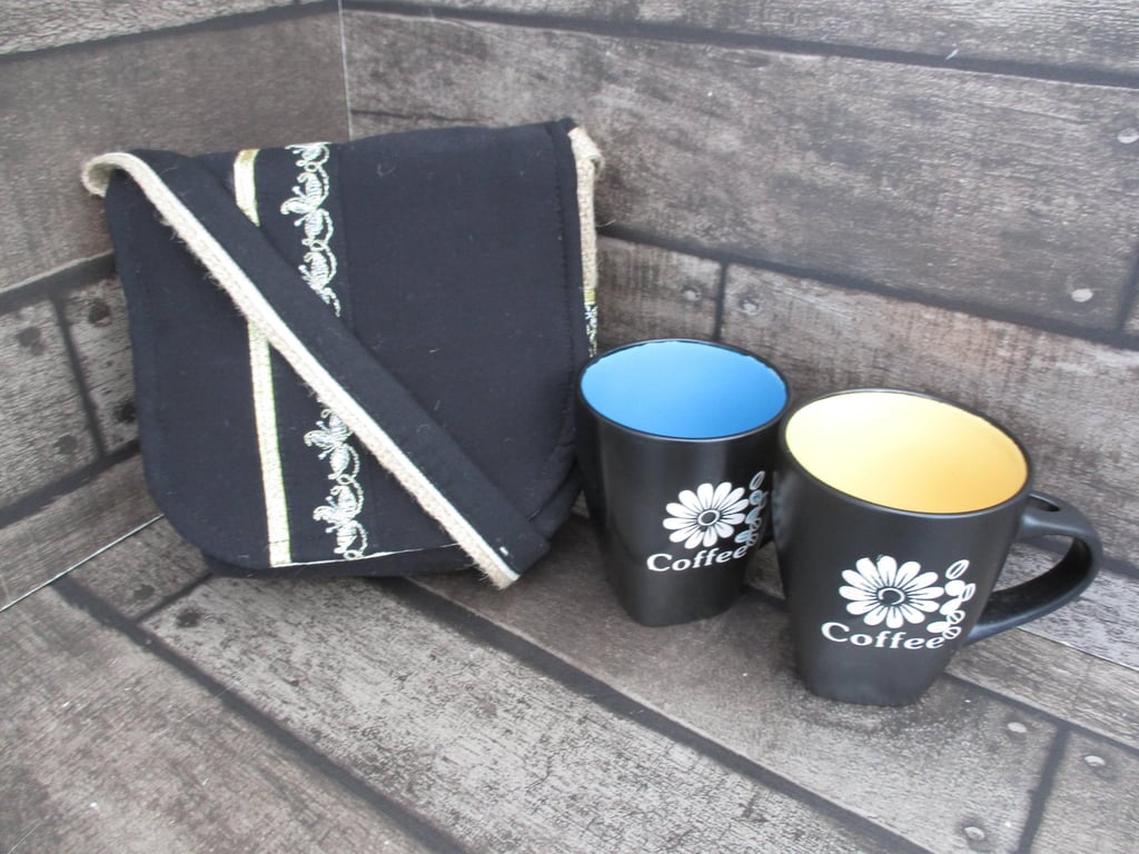 Upcycled Coffee Sack Mini Shoulder Bag Black with Gold Embroidery