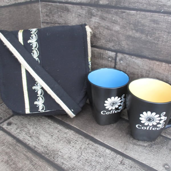 Upcycled Coffee Sack Mini Shoulder Bag Black with Gold Embroidery