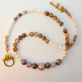 Striped Agate, Swarovski Pearl And Shell Necklace - Handmade In Devon