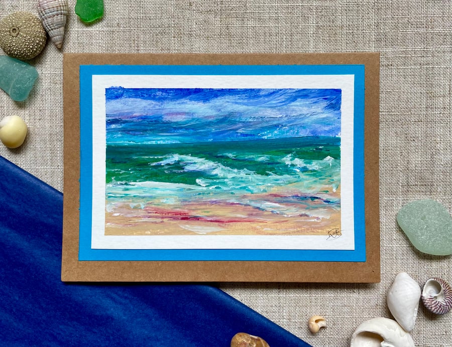 Blank greeting card, Fathers day, original painting, seascape in acrylic .