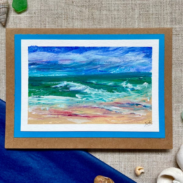 Blank greeting card, Fathers day, original painting, seascape in acrylic .