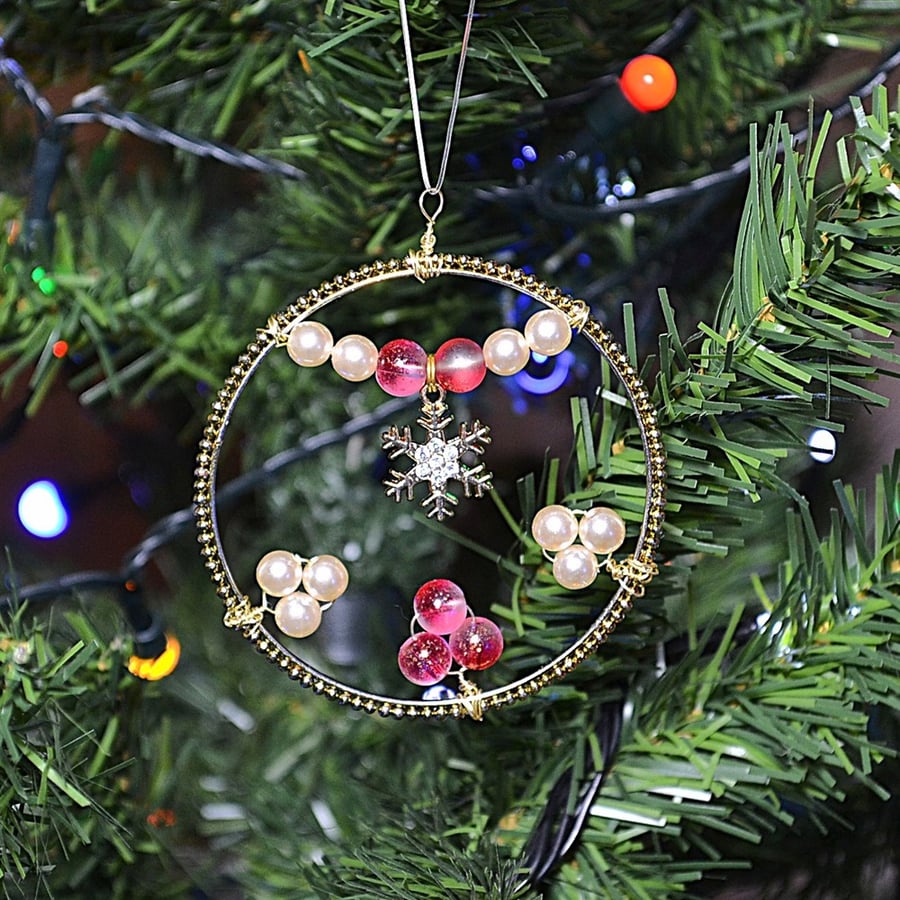 Upcycled Bangle Christmas Decoration – Red and Pearl Glass Beads, with Snowflake