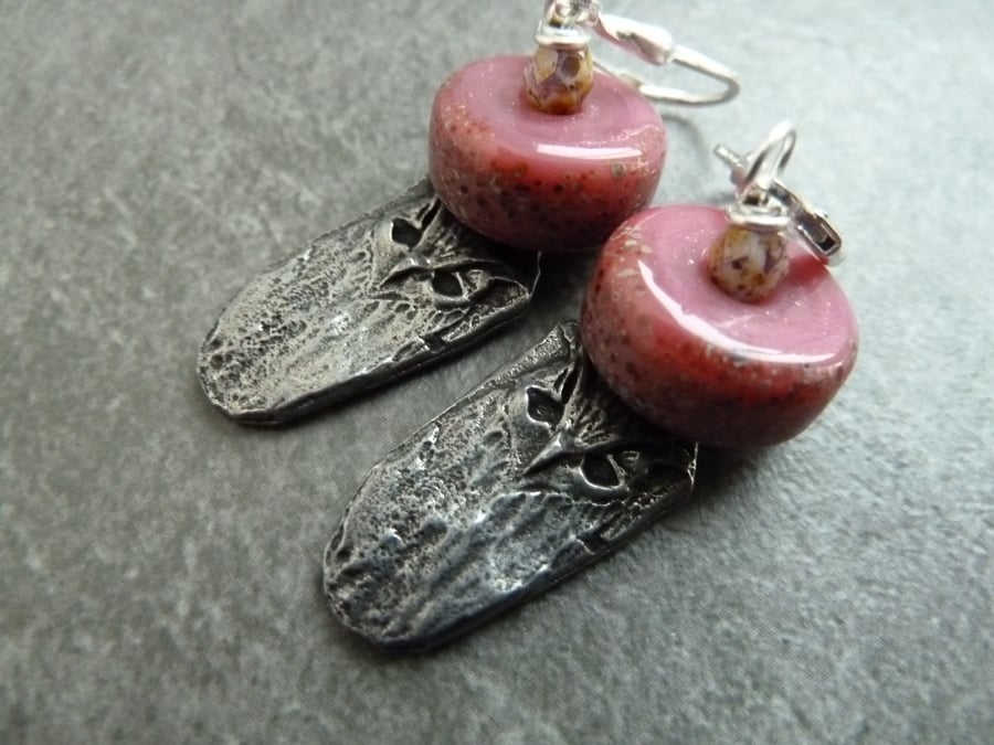 sterling silver lever back earrings, pink glass pewter owl