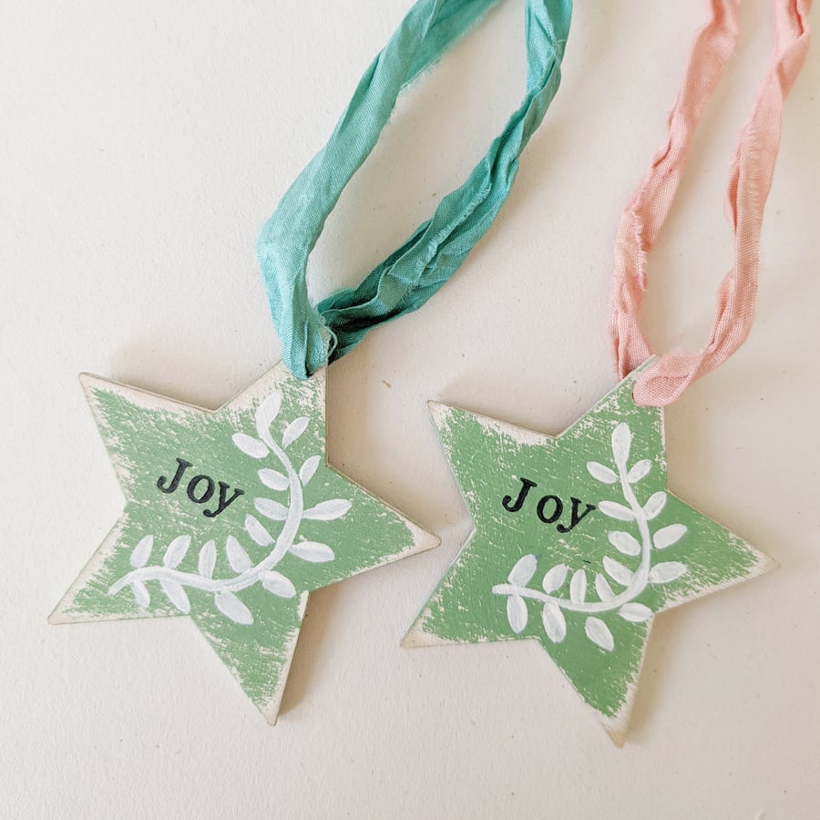 Painted Wooden Star Hanging Decoration 'Joy'
