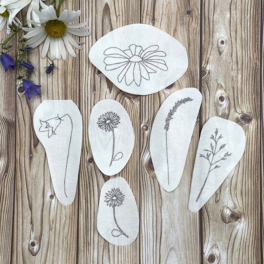 Wildflower stick and stitch embroidery patterns. Water soluble botanical designs