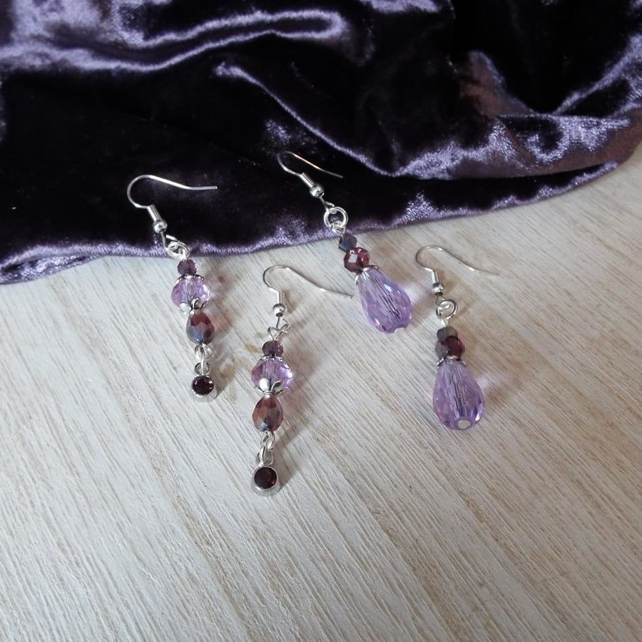 Purple Beaded Crystal Glass Drop Earrings, Edwardian Style