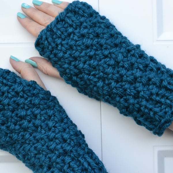 Petrol Super Chunky Knitted Fingerless Gloves