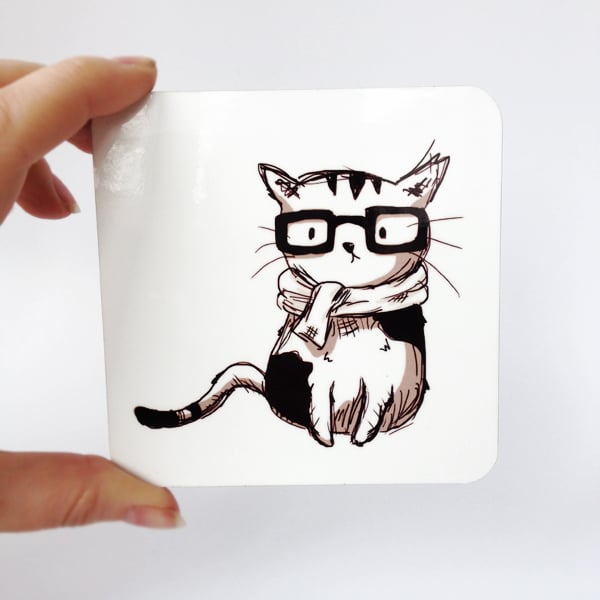 Nerd Cat Coaster - Handmade Illustration, Wood Tea Mat, Coffe Drinker Gift.