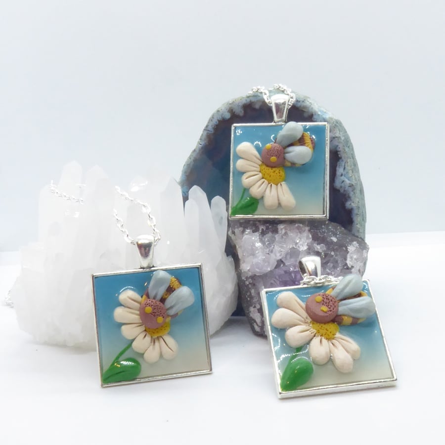 Square Bumble Bee and Off White Daisy Polymer Clay Pendant 
