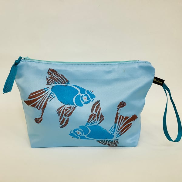Sky Blue Koi Fish Duchess Satin Makeup Bag