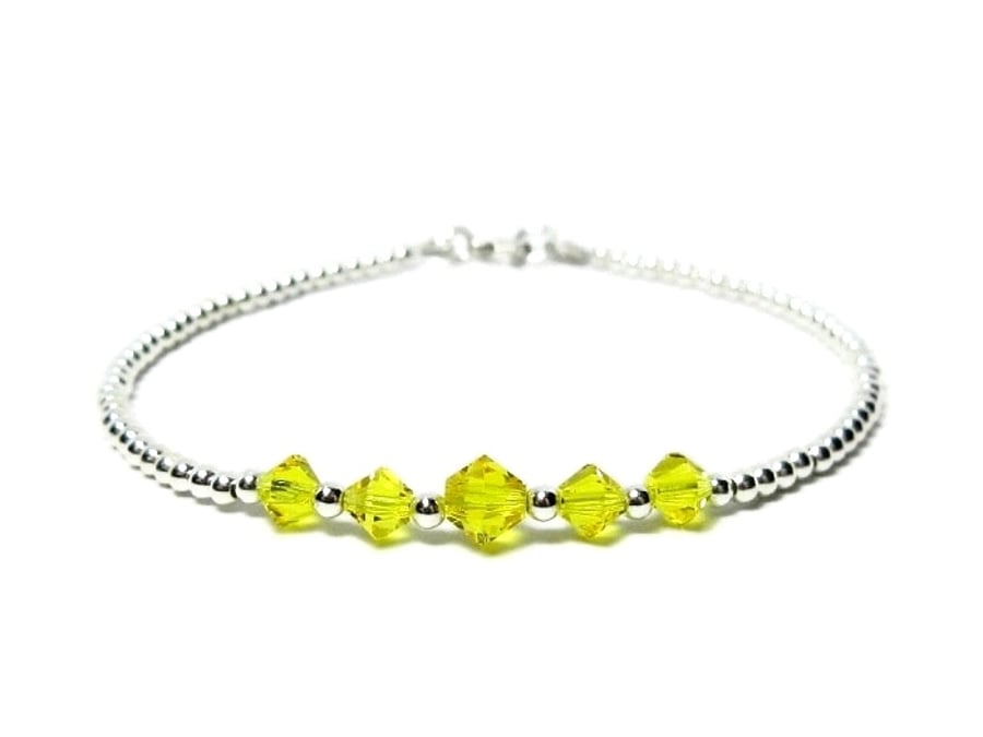 Sparkly Yellow Crystals Slim Stacker Bracelet With Sterling Silver Beads 