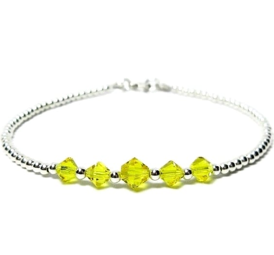 Sparkly Yellow Crystals Slim Stacker Bracelet With Sterling Silver Beads 