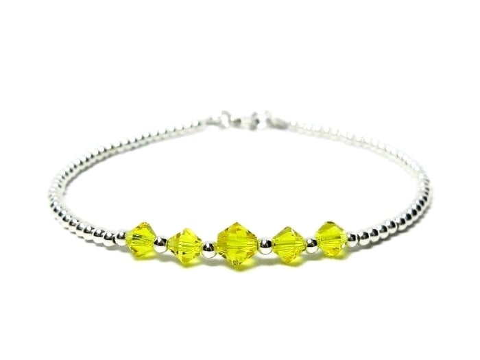 Sparkly Yellow Crystals Slim Stacker Bracelet With Sterling Silver Beads 