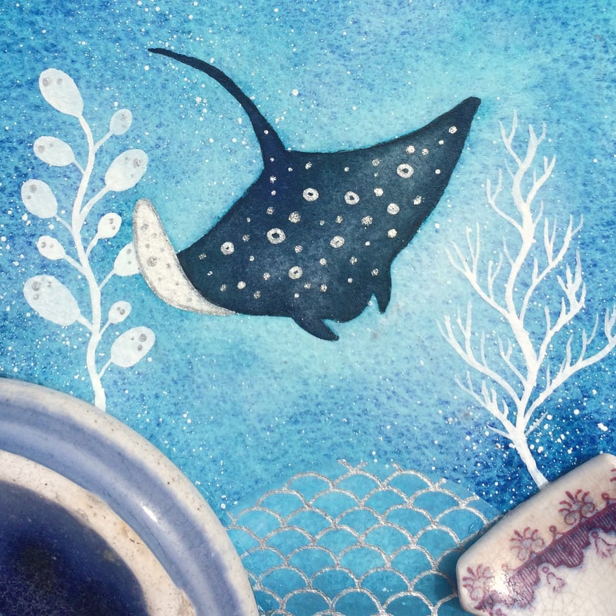 Sting Ray Underwater Sea Painting - Original Framed Watercolour & Beach Pottery