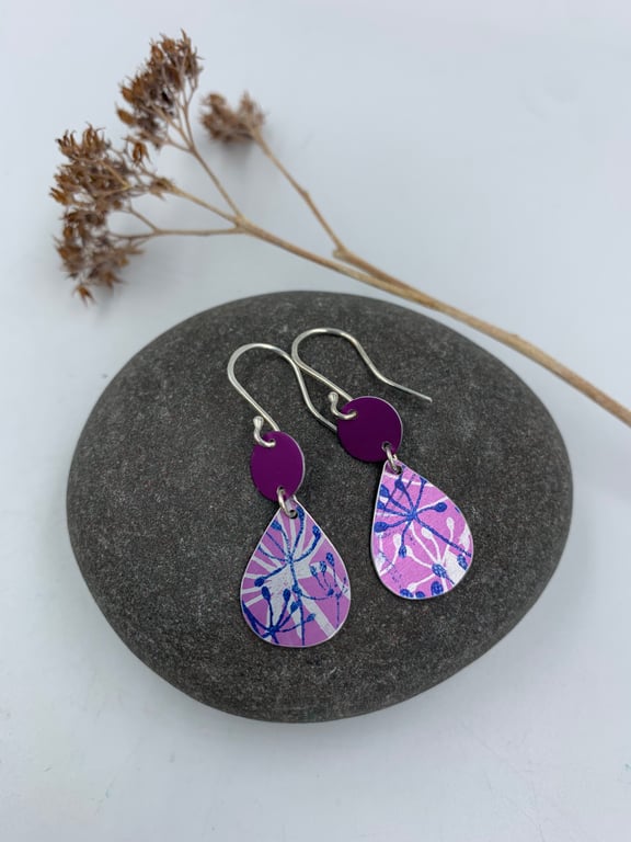 Pink aluminium cow parsley tear drop earrings