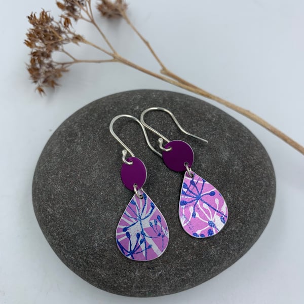 Pink aluminium cow parsley tear drop earrings