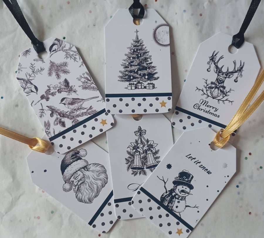 Set of 6 Black and White Christmas Gift Tags
