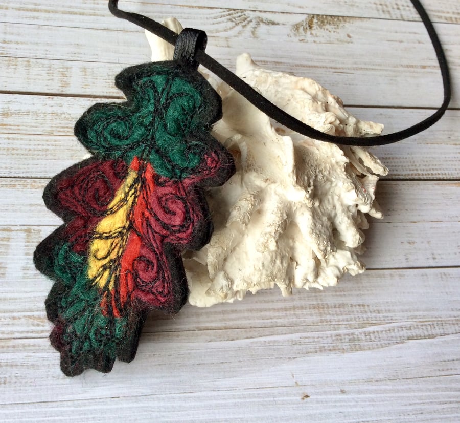 Unique oak leaf embroidered necklace.