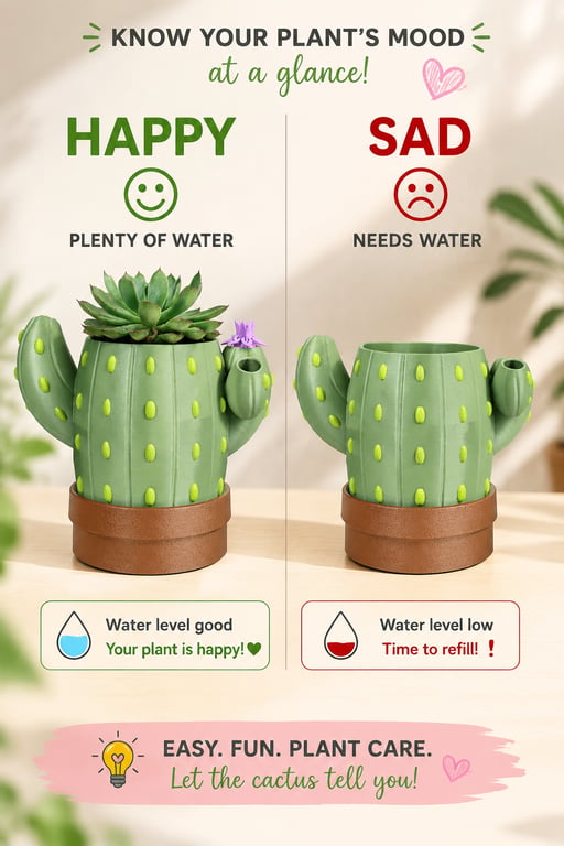 Cactus Self-Watering Planter – Cute 3D Printed Succulent Pot, Fun Indoor Plant H