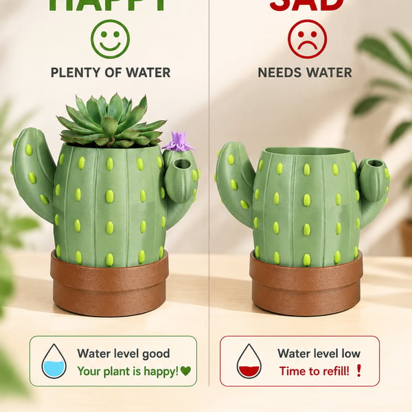Cactus Self-Watering Planter – Cute 3D Printed Succulent Pot, Fun Indoor Plant H