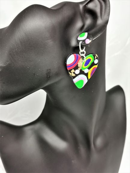 Vibrant, contemporary multicoloured heart earrings. Handmade, polymer clay.