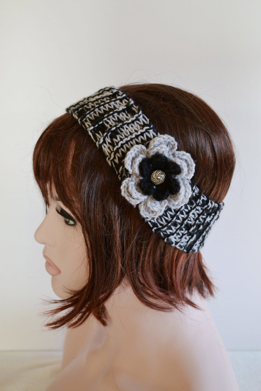 Knitted Headband Ear, Black Grey, 7T - Adult Warmer Chunky Knit Hairband