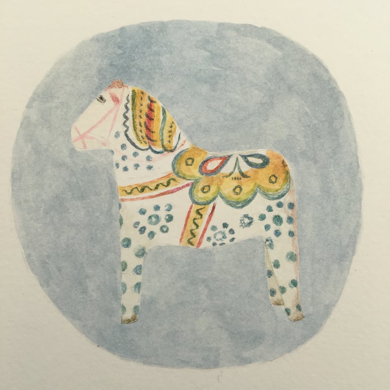 Dala horse small original gouache painting with blue background 