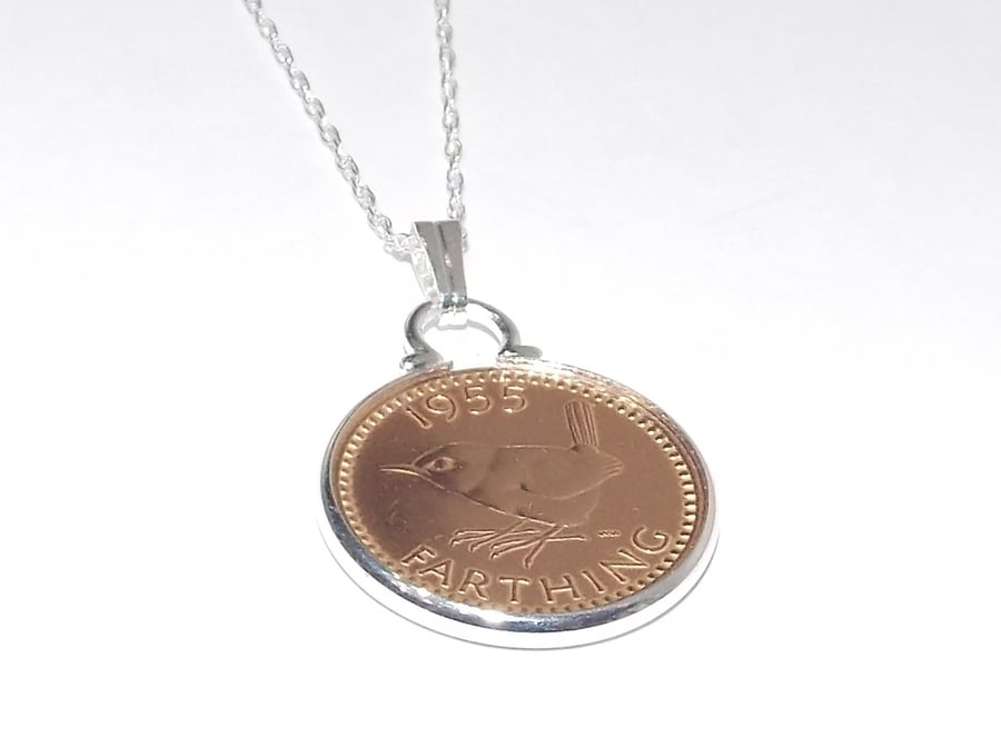 1955 70th Birthday Anniversary Farthing coin in a Silver Plated Pendant mount