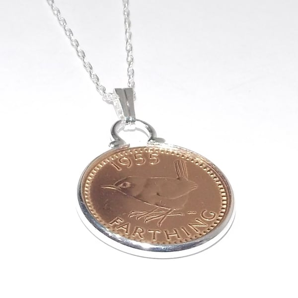 1955 70th Birthday Anniversary Farthing coin in a Silver Plated Pendant mount