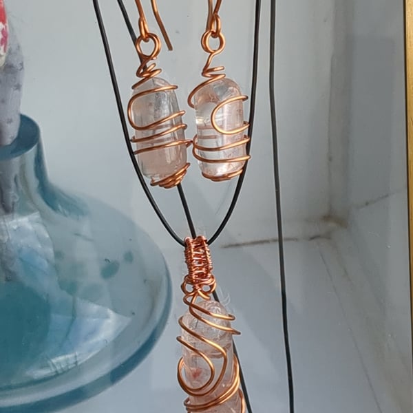Clear Quartz twisted copper earrings and pendant set 