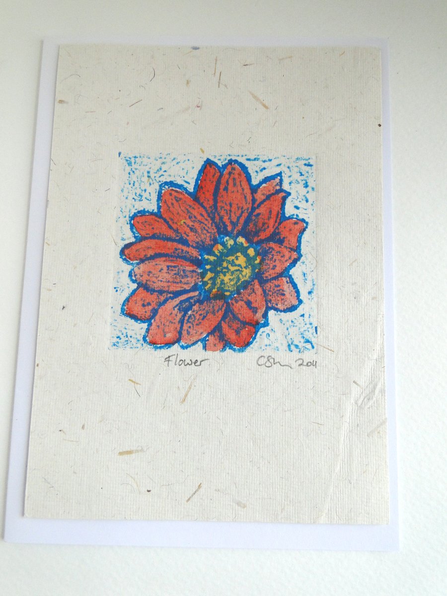 Orange Blue Flower Blank Greeting Card Collagraph Print with Watercolour