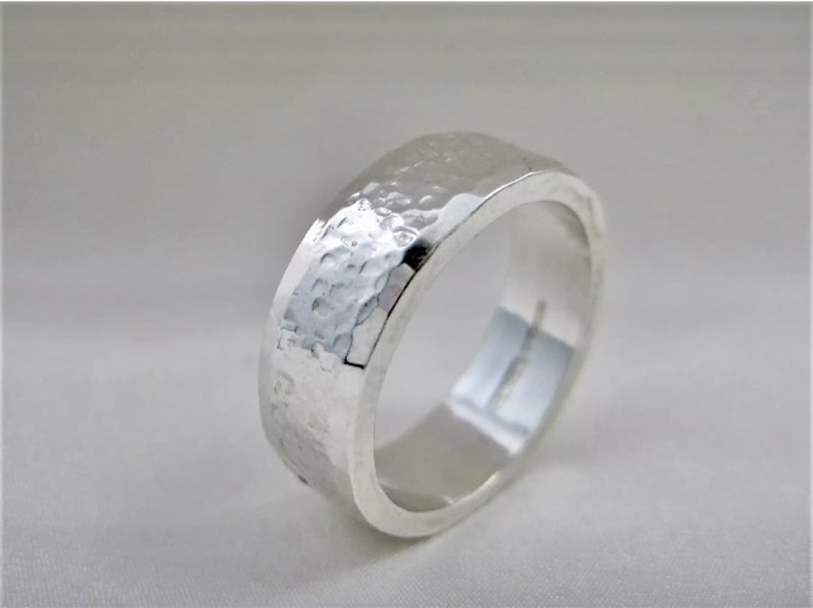 Sterling Silver Sparkly Hammered Ring Size N - Handmade By CMcB Jewellery UK